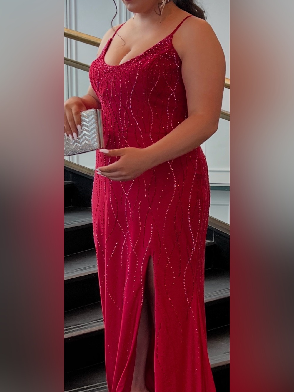 GLO jeans Red Beaded Spaghetti-Strap Evening Gown